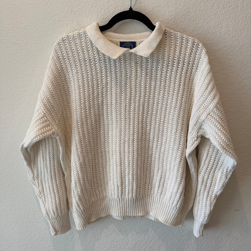 Vintage Gap Women S Cream Ribbed Knit Polo Sweater Ramie Cotton Long Sleeve